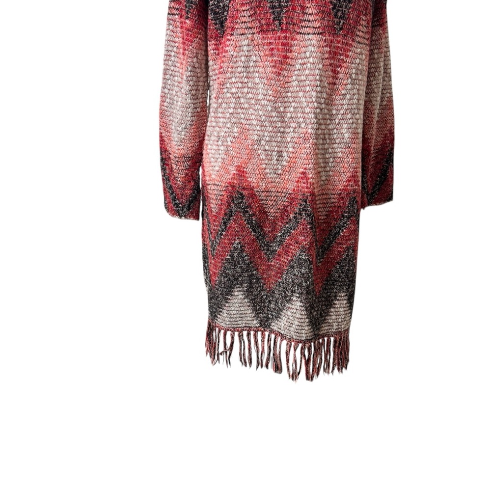 Lucky Brand Long Cardigan Medium  Red /Grey Aztec Fringe Duster western  Sweater - Picture 7 of 9